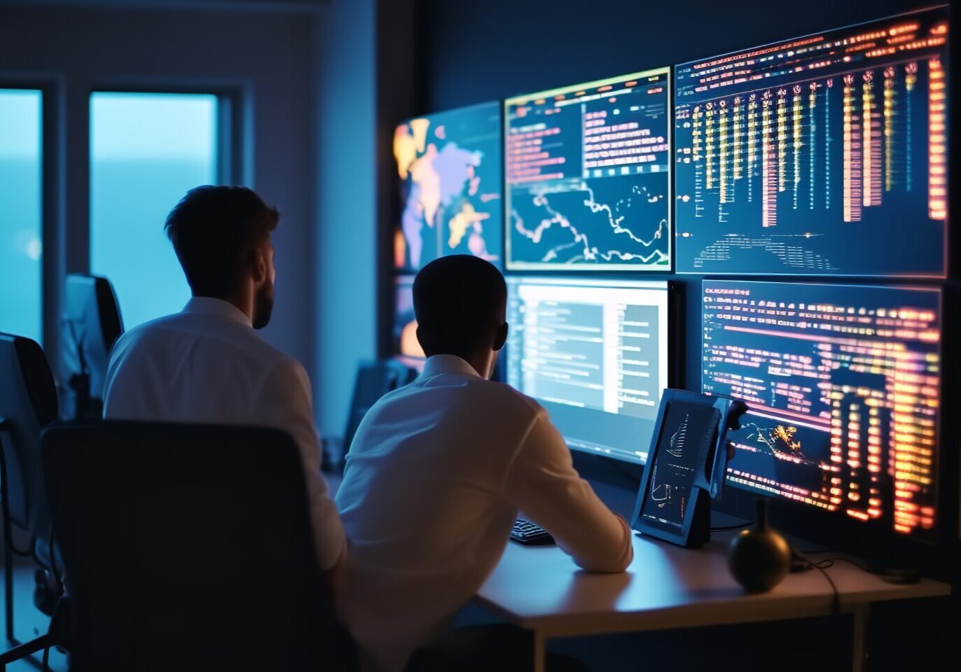 Two men sitting at a table with multiple monitors.